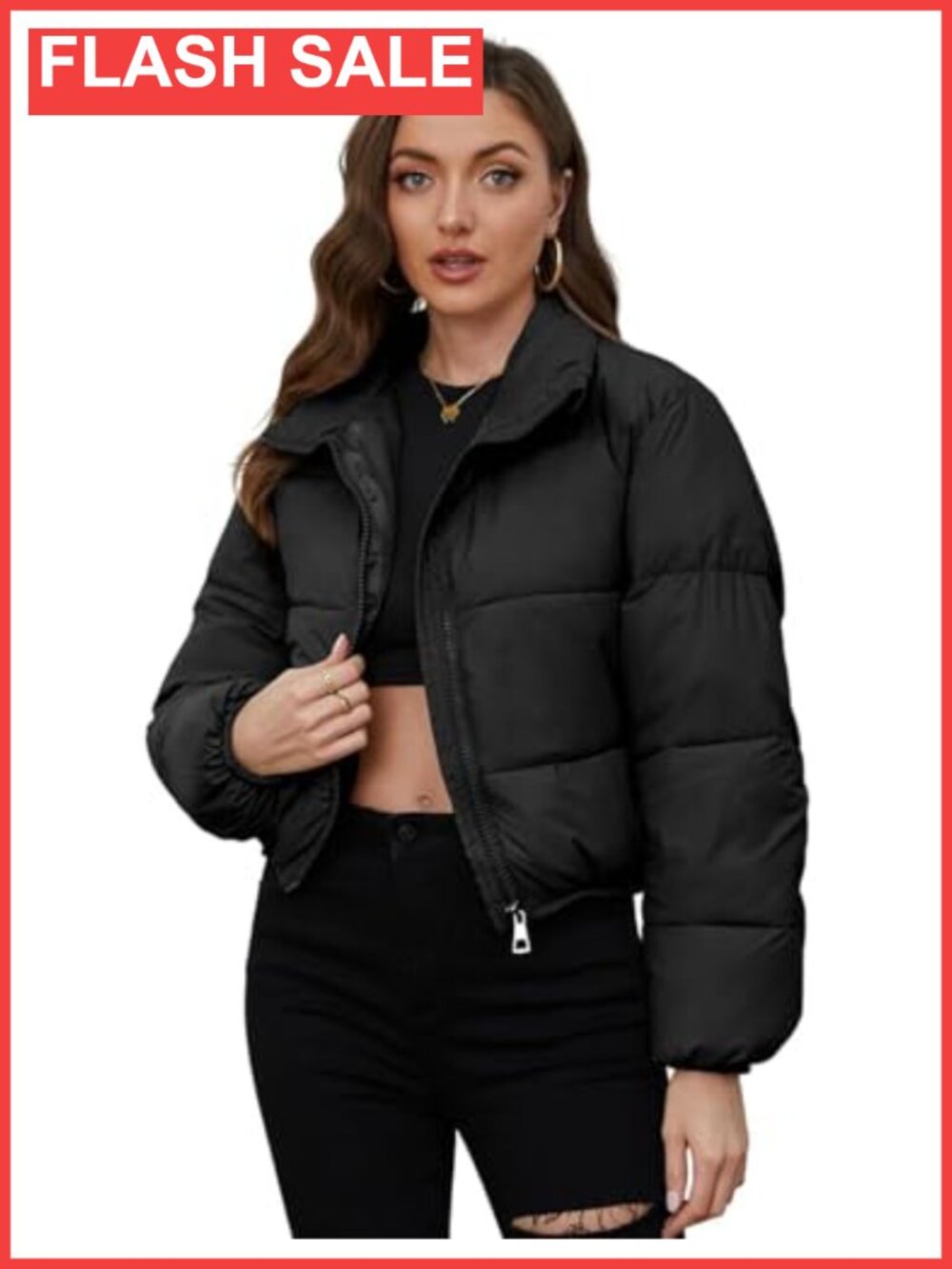Cropped Puffer Jacket Quilted Short Zip Winter Coat